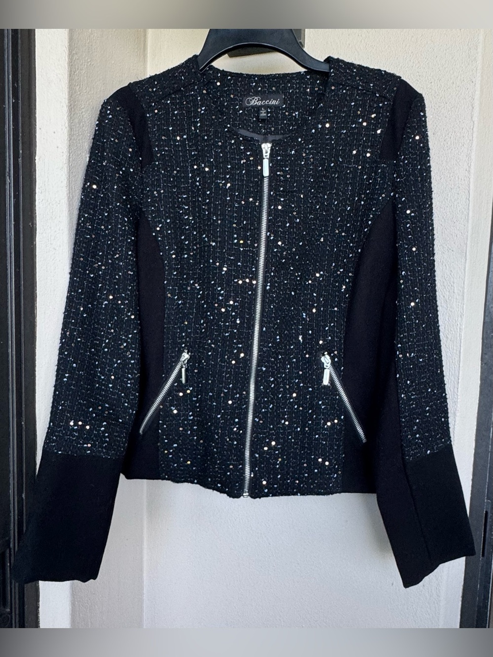 Baccini Collarless Black Tweed Full Zip Jacket Subtle Sequin Long Sleeve LG NWT